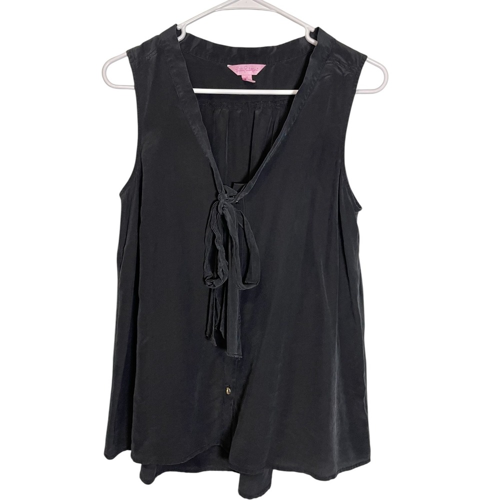 Lilly Pulitzer S Black Silk Sleeveless Tie Front V-Neck Blouse Preppy Chic Luxe